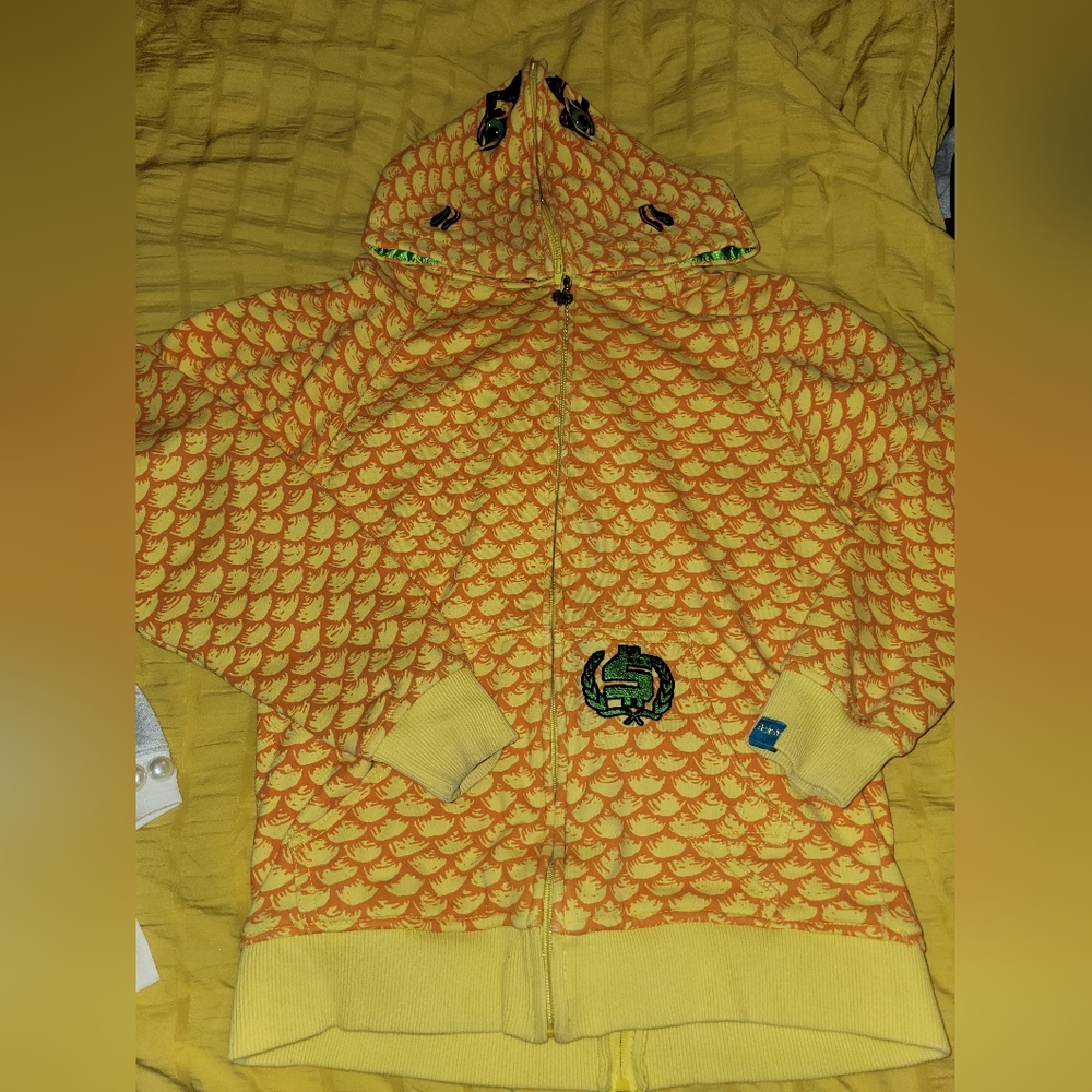 Shmack Yellow Dinosaur full zip  hoodie with googly eyes monster design S